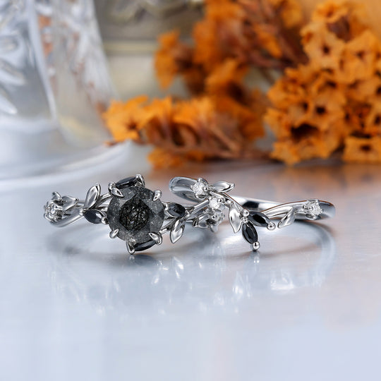 Leaf-inspired 1CT Round Black Rutilated Quartz Engagement Ring S925 Black Plated Women's Ring