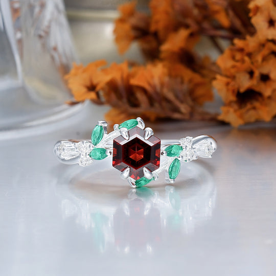Nature-Inspired Hexagon Nature Red Garnet with Green Emerald Leaf Ring S925 Ring Available in1 0k/14k/18K Gold
