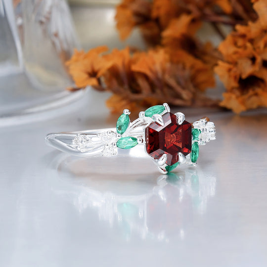 Nature-Inspired Hexagon Nature Red Garnet with Green Emerald Leaf Ring S925 Ring Available in1 0k/14k/18K Gold