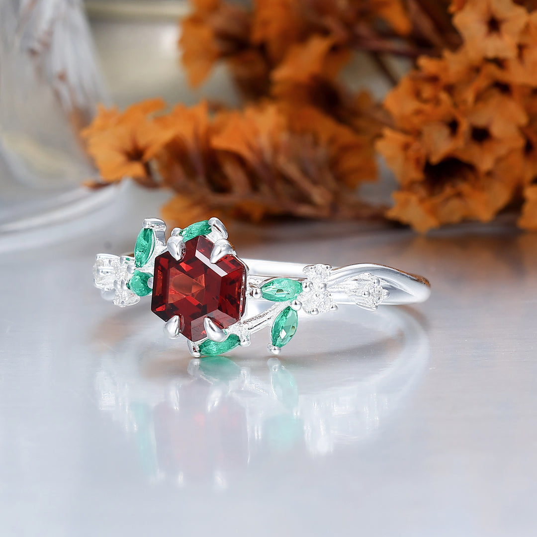 Nature-Inspired Hexagon Nature Red Garnet with Green Emerald Leaf Ring S925 Ring Available in1 0k/14k/18K Gold