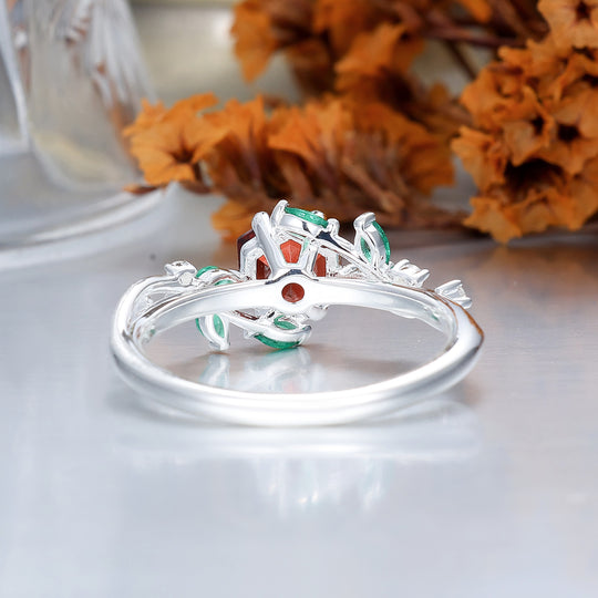 Nature-Inspired Hexagon Nature Red Garnet with Green Emerald Leaf Ring S925 Ring Available in1 0k/14k/18K Gold