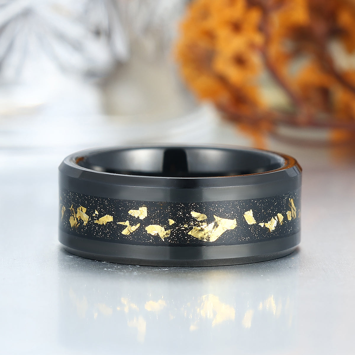 Crushed 18K Gold Leaf Man Black Tungsten Wedding Ring 8mm Polished