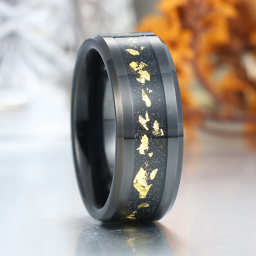Crushed 18K Gold Leaf Man Black Tungsten Wedding Ring 8mm Polished Anniversary Promise Inlay Ring