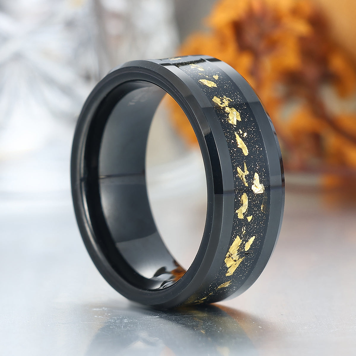 Crushed 18K Gold Leaf Man Black Tungsten Wedding Ring 8mm Polished