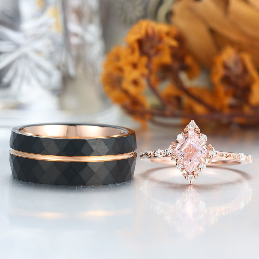 Unique Pink Morganite Engagement Promise Rings For Couples Rose Gold Plated Matching Marriage Rings