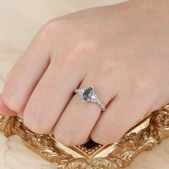Bague de mariage en agate mousse marquise Botanical Halo, style feuille victorienne, bague de fiançailles pour elle