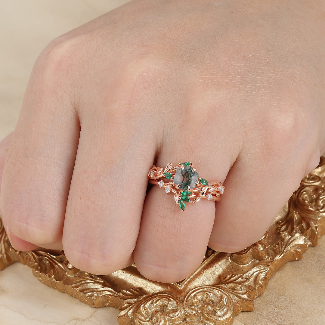 Parure de bague de fiançailles et alliance en agate mousse, motif feuille, inspirée de la nature