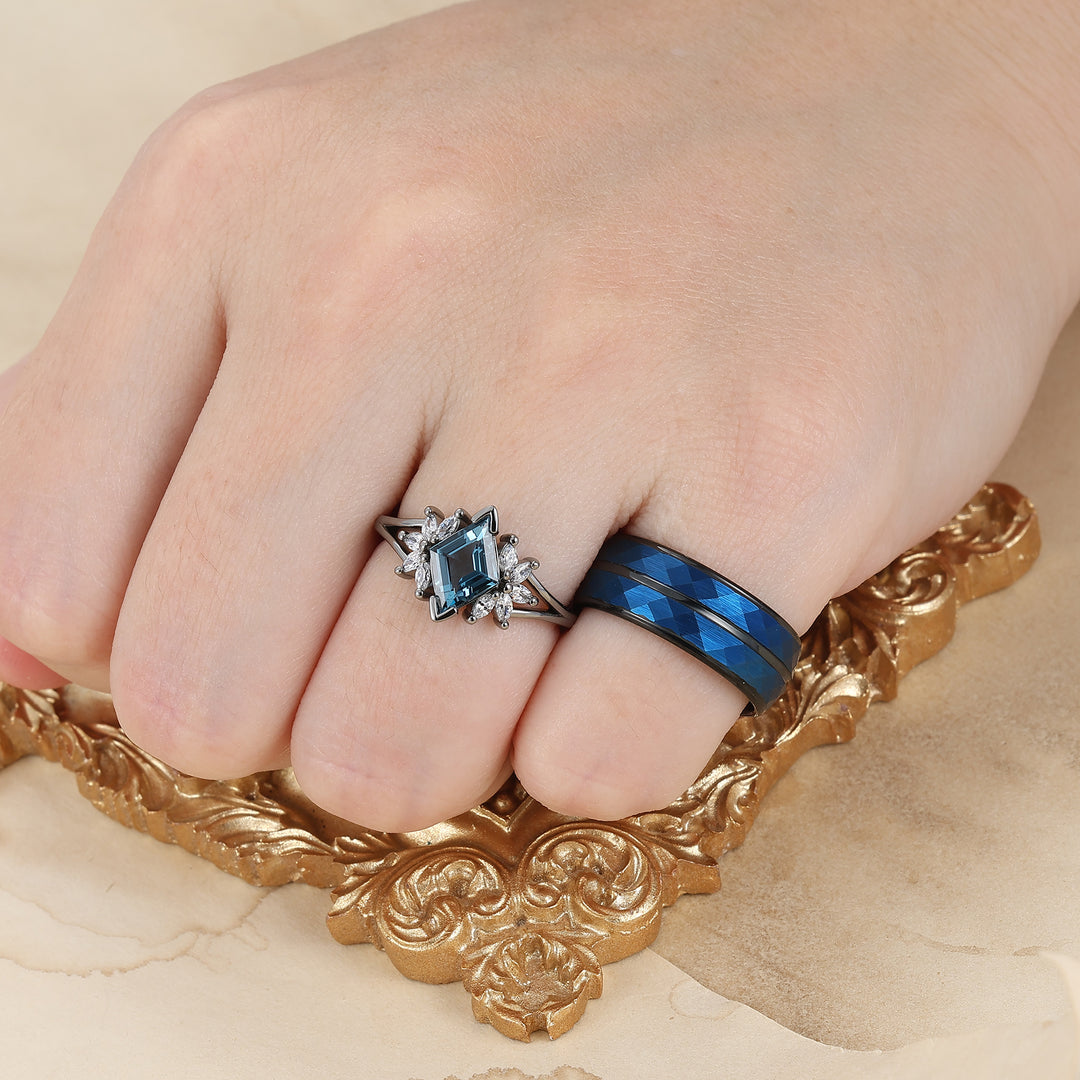 Conjunto de anillos para pareja con diseño de pétalos florales, topacio azul Londres, plata esterlina azul y anillos a juego de tungsteno