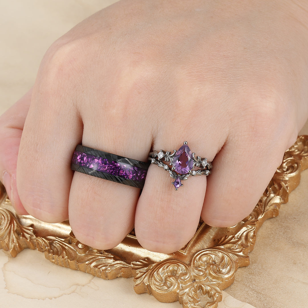 Filigreed Purple Amethyst His And Hers Ring Set Nature Inspired Amethyst Couple Rings