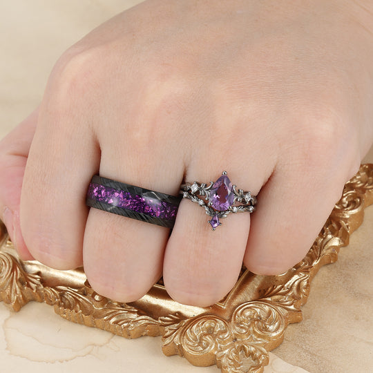 Filigreed Purple Amethyst His And Hers Ring Set Nature Inspired Amethyst Couple Rings