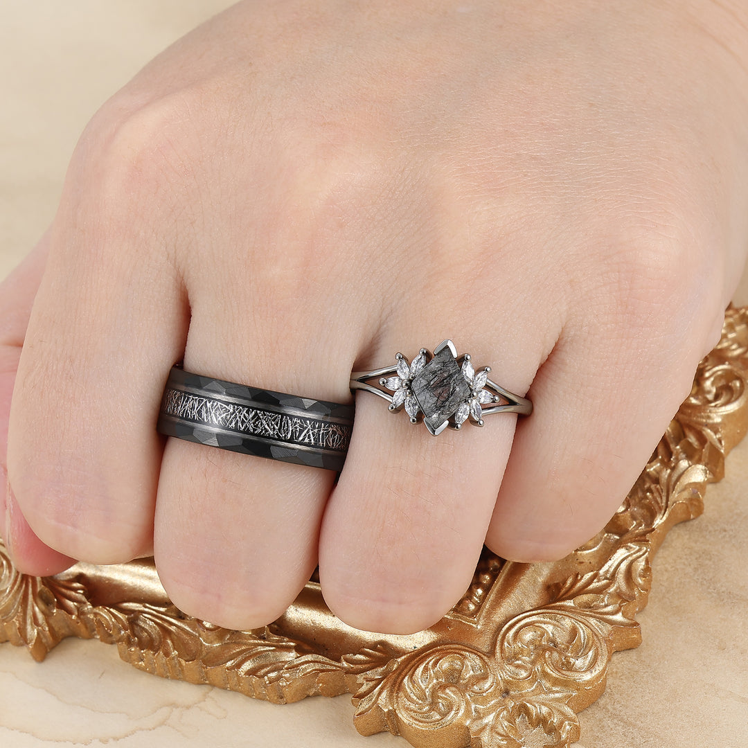 Personalized Black Rutilated Quartz Cluster Engagement Couple Rings Black Tungsten Band For Men And Women