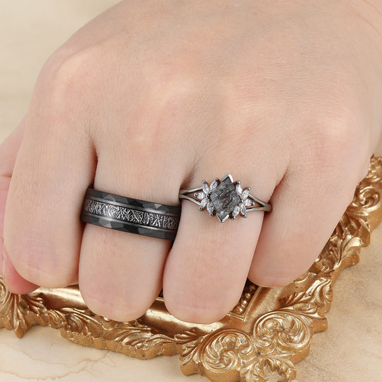 Personalized Black Rutilated Quartz Cluster Engagement Couple Rings Black Tungsten Band For Men And Women