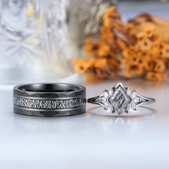 Personalized Black Rutilated Quartz Cluster Engagement Couple Rings Black Tungsten Band For Men And Women