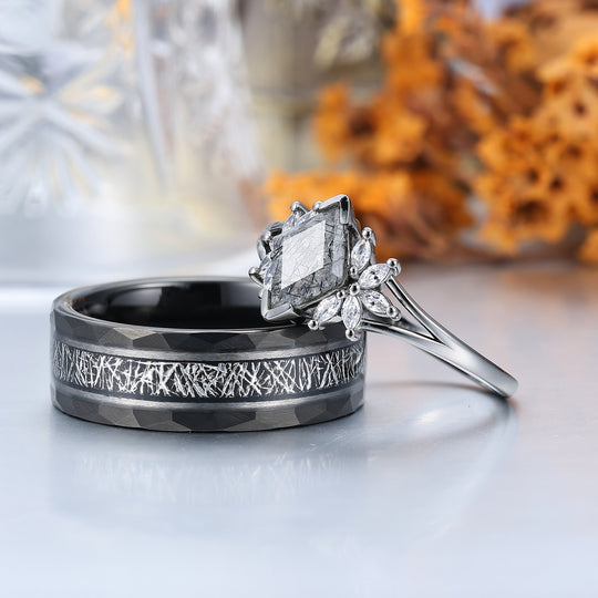 Personalized Black Rutilated Quartz Cluster Engagement Couple Rings Black Tungsten Band For Men And Women