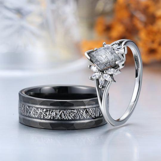 Personalized Black Rutilated Quartz Cluster Engagement Couple Rings Black Tungsten Band For Men And Women