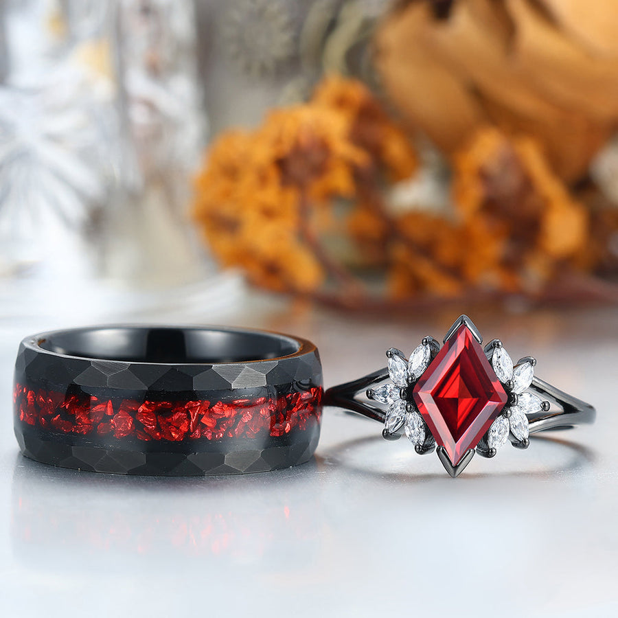 Conjunto de anillos Artsy de granate rojo con milgrain para parejas, anillos de boda de tungsteno azul para él y para ella
