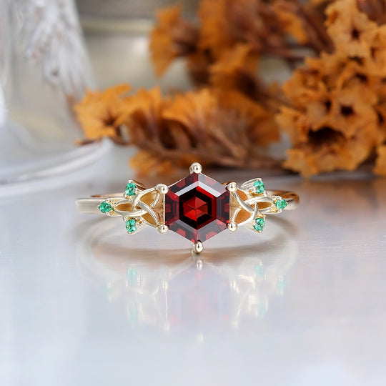 0.85CT Hexagon Cut Red Garnet Engagement Ring Emerald Inlaid Ring Anniversary Bridal Ring Gift