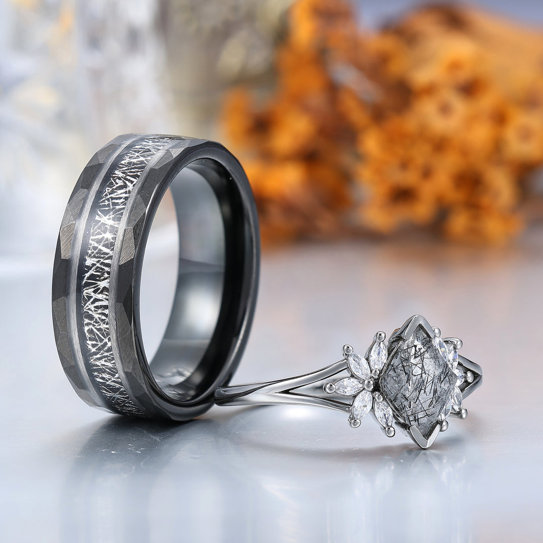 Personalized Black Rutilated Quartz Cluster Engagement Couple Rings Black Tungsten Band For Men And Women