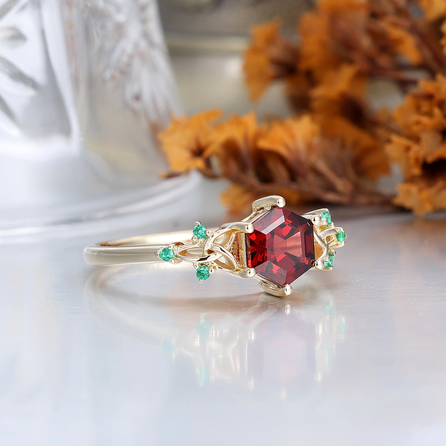 0.85CT Hexagon Cut Red Garnet Engagement Ring Emerald Inlaid Ring Anniversary Bridal Ring Gift
