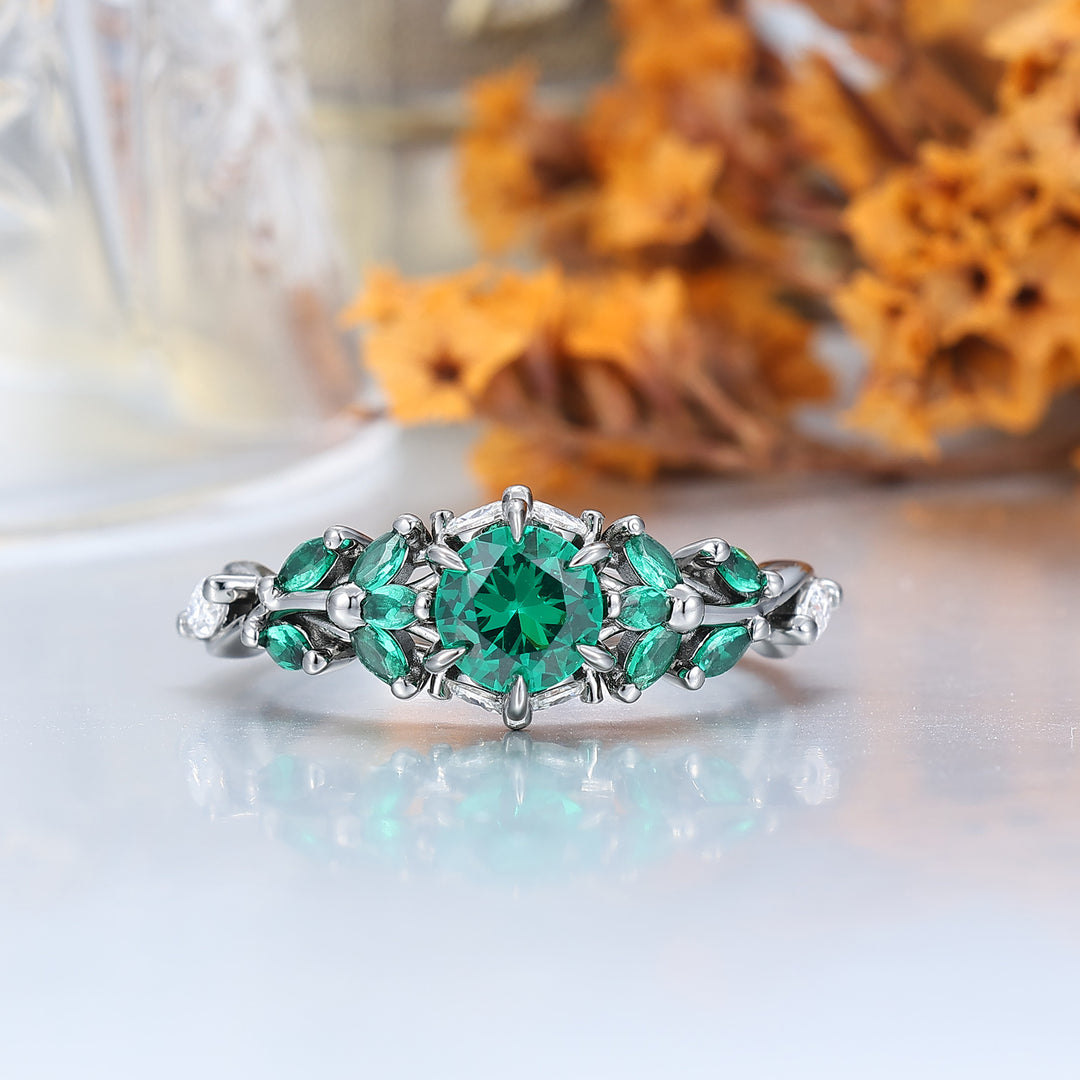 Round Cut Emerald Engagement Couples Ring Set And Peacock Opal Tungsten Matching Ring His and Hers Wedding Ring Set