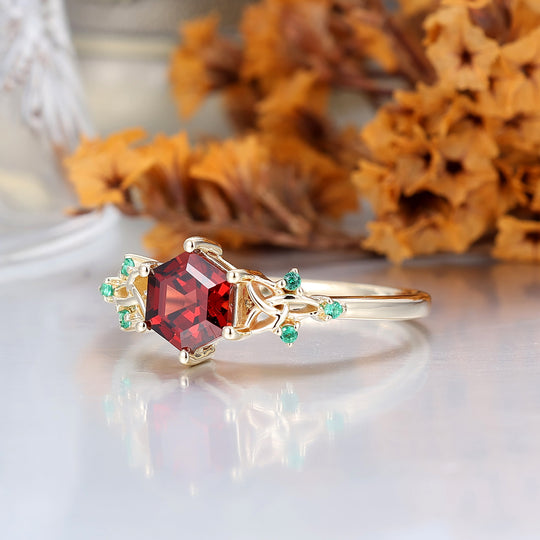 0.85CT Hexagon Cut Red Garnet Engagement Ring Emerald Inlaid Ring Anniversary Bridal Ring Gift