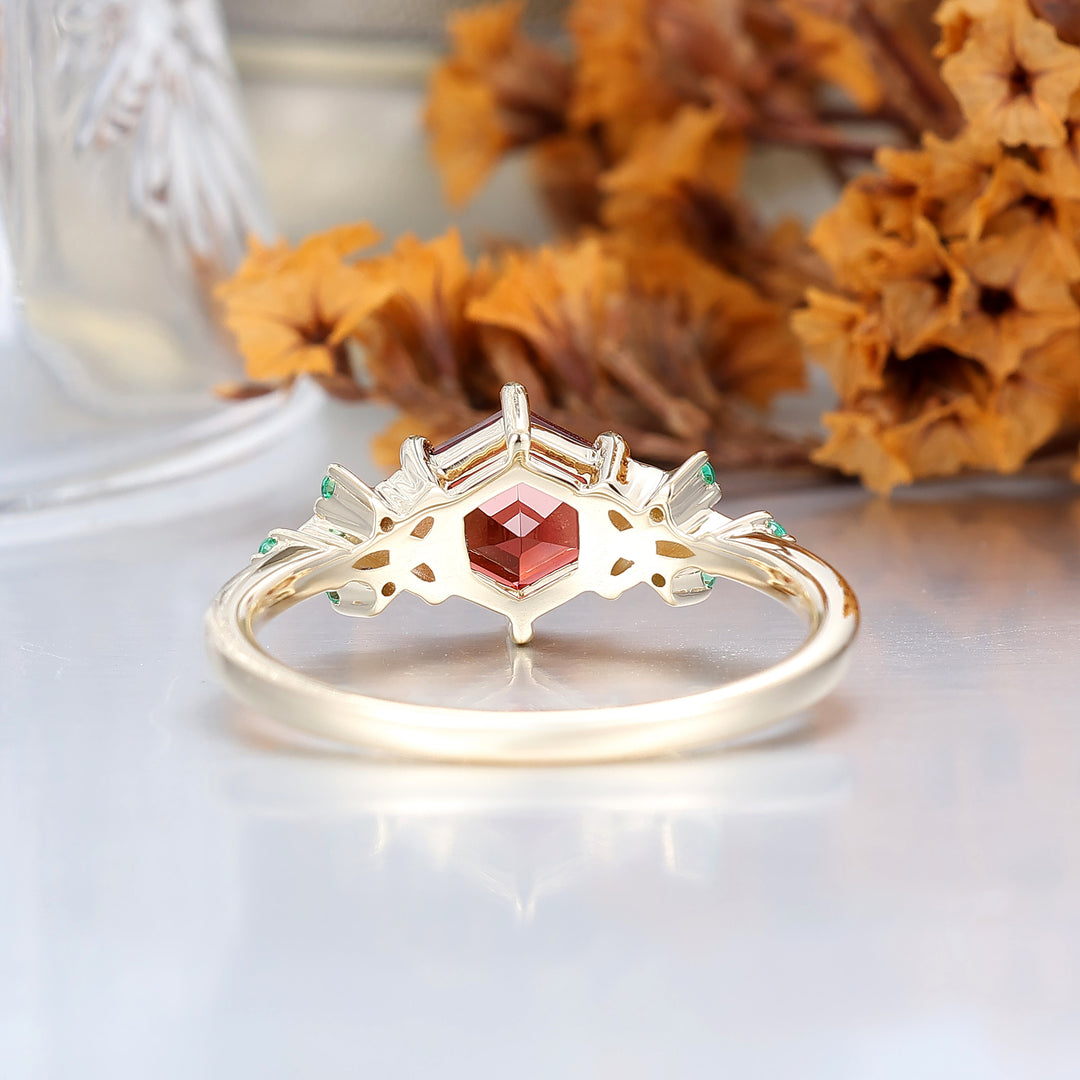 0.85CT Hexagon Cut Red Garnet Engagement Ring Emerald Inlaid Ring Anniversary Bridal Ring Gift