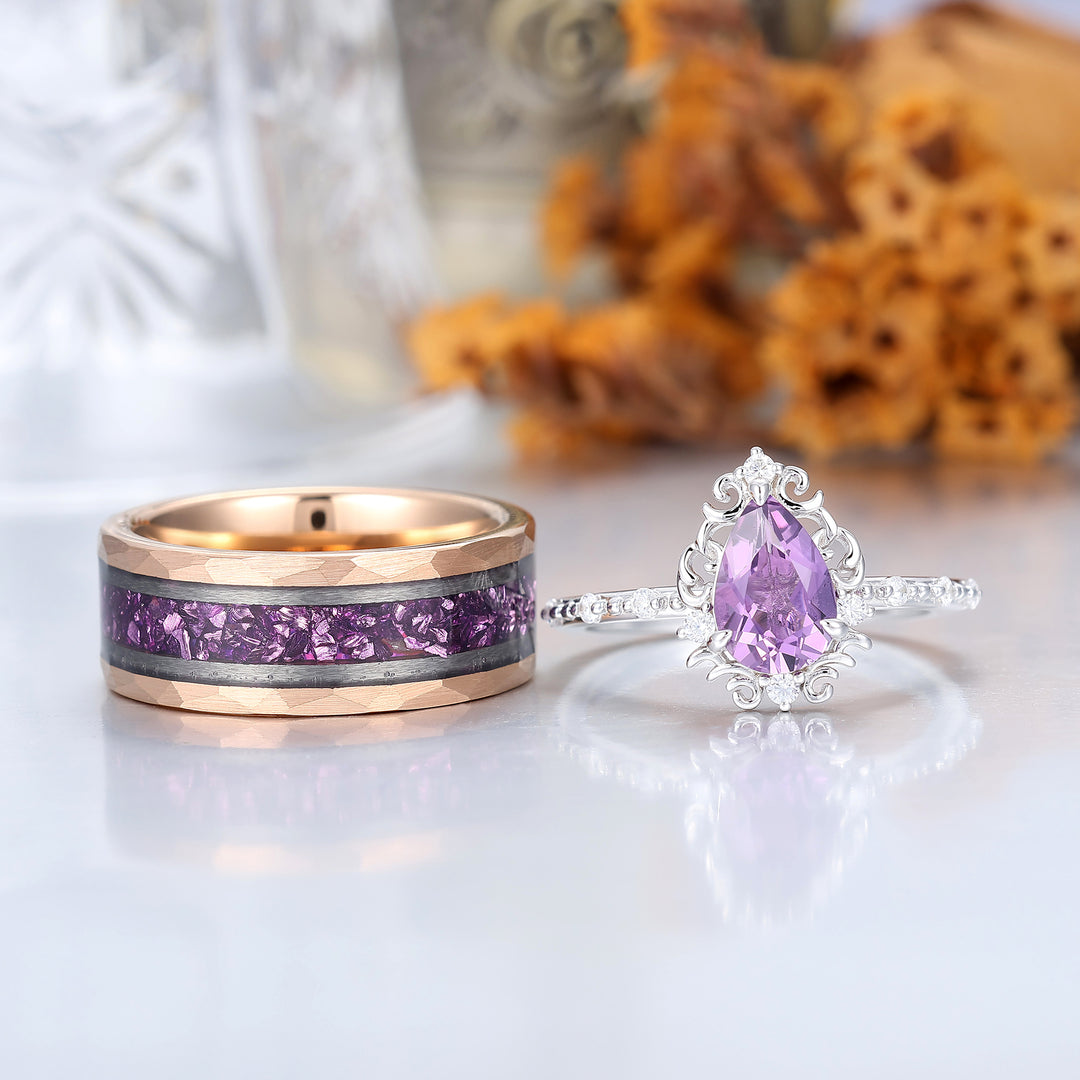 Ethereal Scrollwork Pear Natural Amethyst Couple Rings S925 And Tungsten Matching Rings