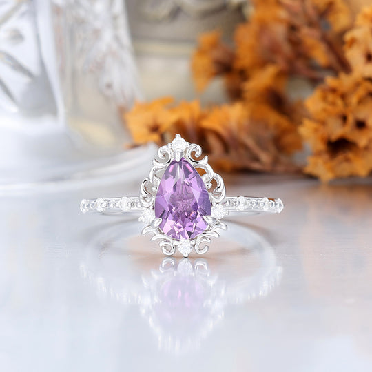 Ethereal Scrollwork Pear Natural Amethyst Couple Rings S925 And Tungsten Matching Rings