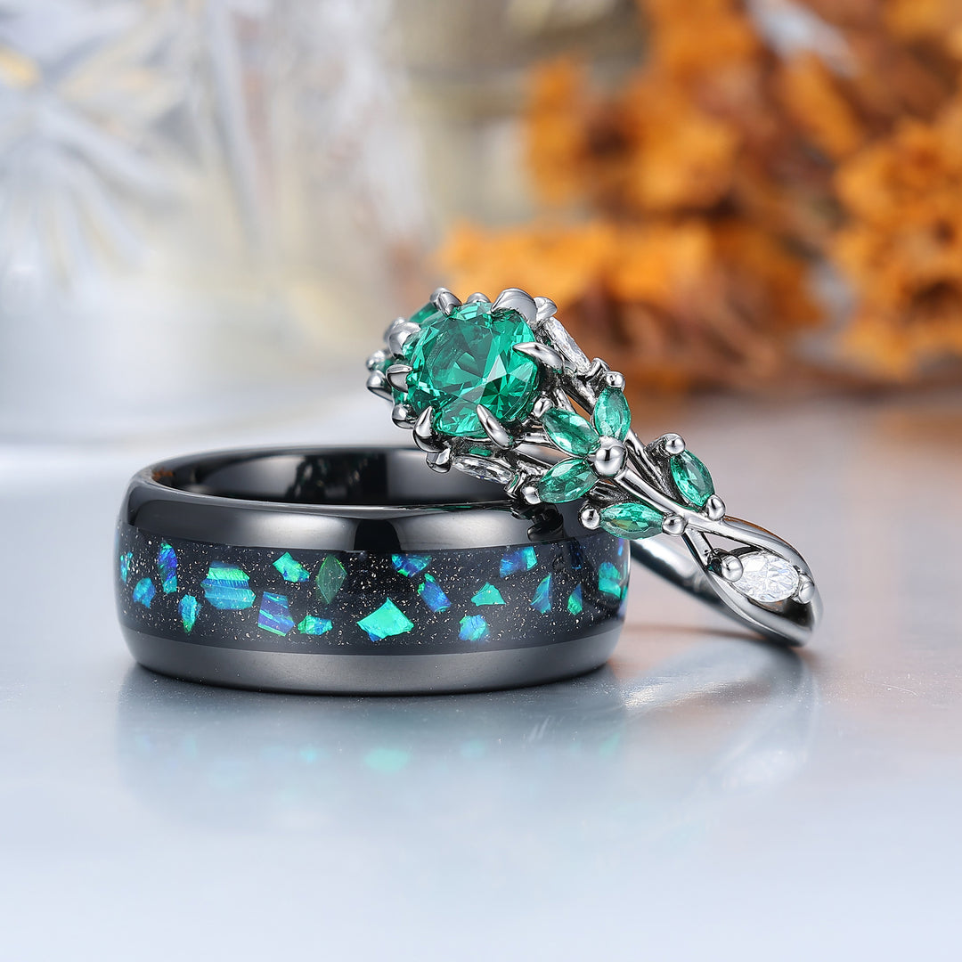 Round Cut Emerald Engagement Couples Ring Set And Peacock Opal Tungsten Matching Ring His and Hers Wedding Ring Set