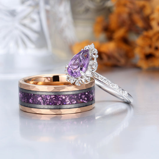 Ethereal Scrollwork Pear Natural Amethyst Couple Rings S925 And Tungsten Matching Rings