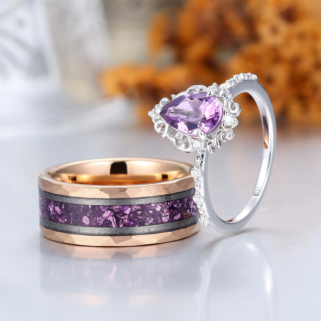 Ethereal Scrollwork Pear Natural Amethyst Couple Rings S925 And Tungsten Matching Rings
