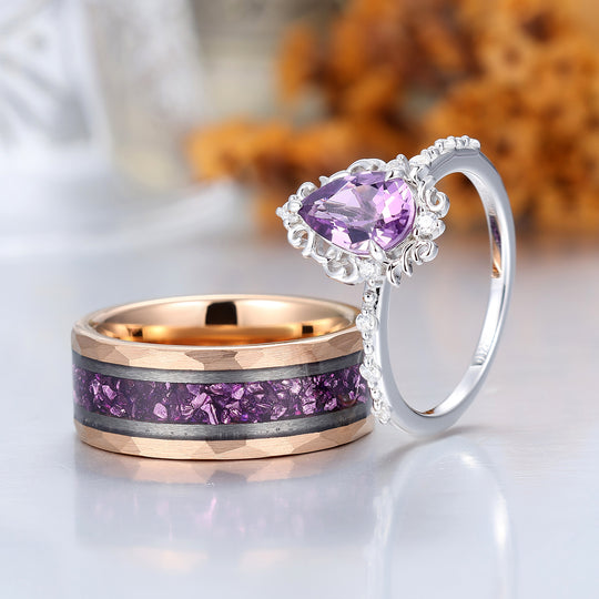 Ethereal Scrollwork Pear Natural Amethyst Couple Rings S925 And Tungsten Matching Rings