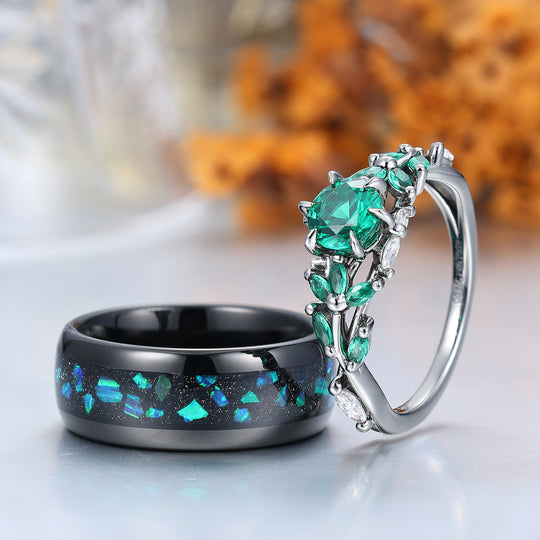 Round Cut Emerald Engagement Couples Ring Set And Peacock Opal Tungsten Matching Ring His and Hers Wedding Ring Set