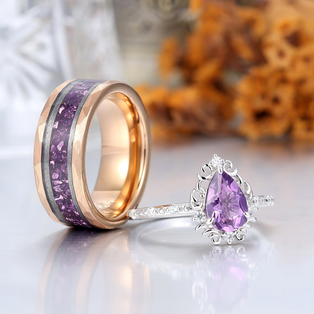 Ethereal Scrollwork Pear Natural Amethyst Couple Rings S925 And Tungsten Matching Rings