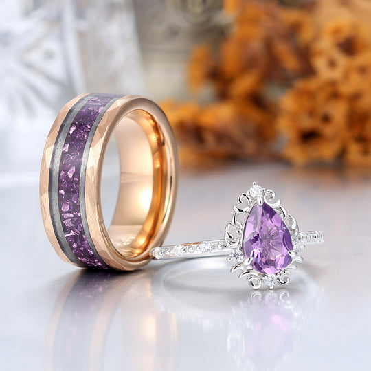 Ethereal Scrollwork Pear Natural Amethyst Couple Rings S925 And Tungsten Matching Rings