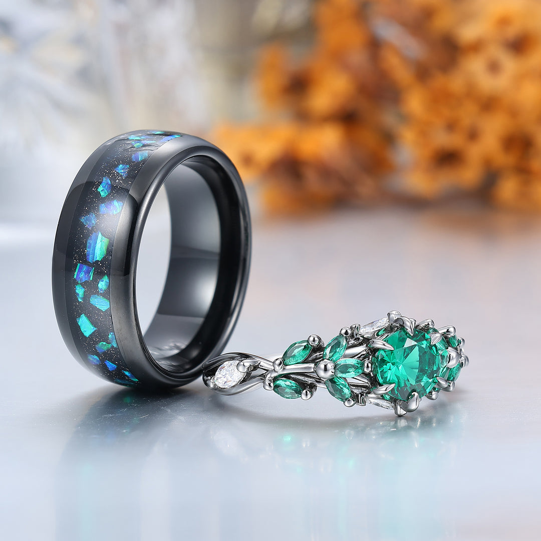 Round Cut Emerald Engagement Couples Ring Set And Peacock Opal Tungsten Matching Ring His and Hers Wedding Ring Set