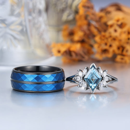 Conjunto de anillos para pareja con diseño de pétalos florales, topacio azul Londres, plata esterlina azul y anillos a juego de tungsteno