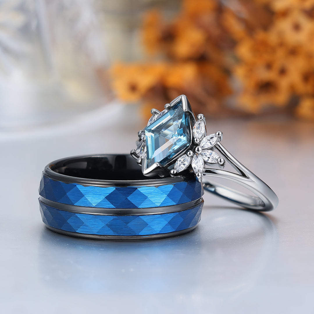 Conjunto de anillos para pareja con diseño de pétalos florales, topacio azul Londres, plata esterlina azul y anillos a juego de tungsteno
