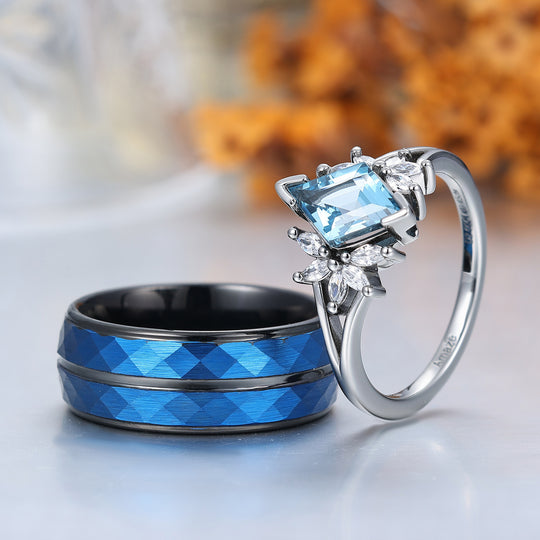 Conjunto de anillos para pareja con diseño de pétalos florales, topacio azul Londres, plata esterlina azul y anillos a juego de tungsteno