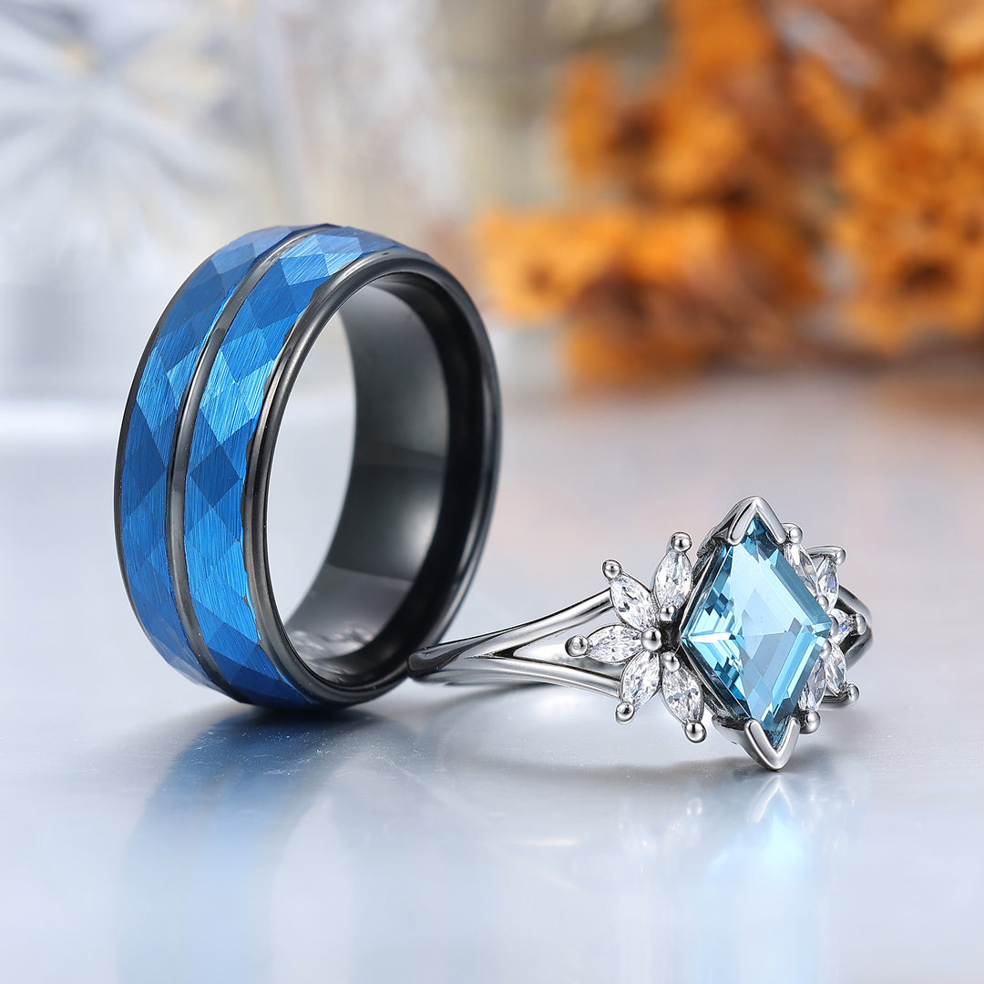 Conjunto de anillos para pareja con diseño de pétalos florales, topacio azul Londres, plata esterlina azul y anillos a juego de tungsteno