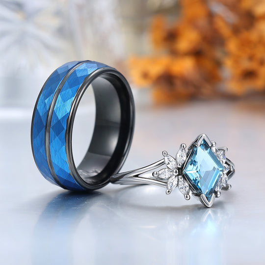 Conjunto de anillos para pareja con diseño de pétalos florales, topacio azul Londres, plata esterlina azul y anillos a juego de tungsteno