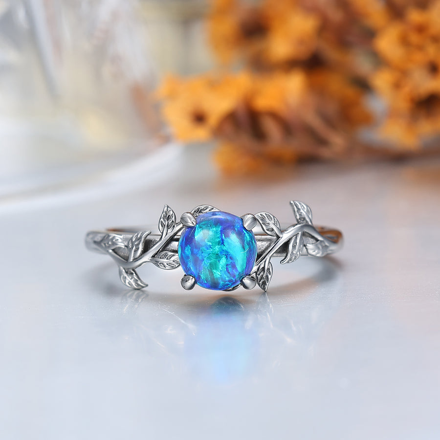 Leaf Design Peacock Green Opal Engagement Couples Ring Set Sterling Silver And Tungsten Matching Ring