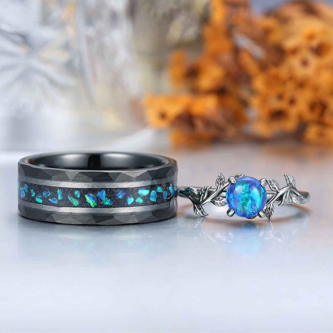 Leaf Design Peacock Green Opal Engagement Couples Ring Set Sterling Silver And Tungsten Matching Ring
