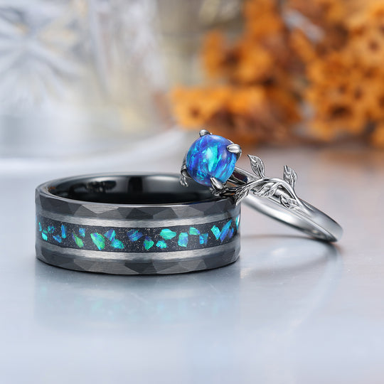 Leaf Design Peacock Green Opal Engagement Couples Ring Set Sterling Silver And Tungsten Matching Ring