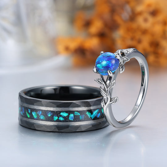 Leaf Design Peacock Green Opal Engagement Couples Ring Set Sterling Silver And Tungsten Matching Ring