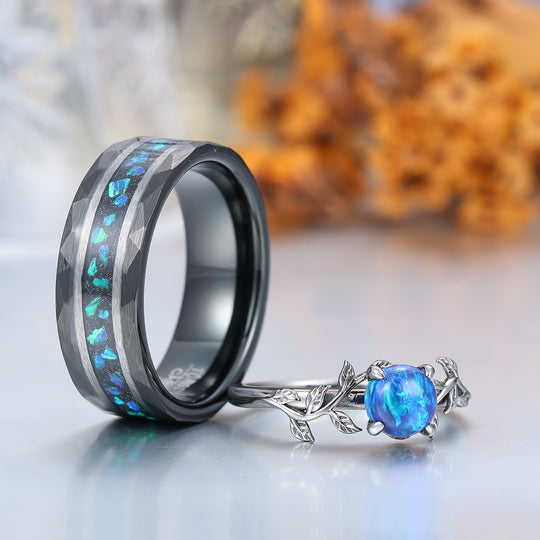 Leaf Design Peacock Green Opal Engagement Couples Ring Set Sterling Silver And Tungsten Matching Ring