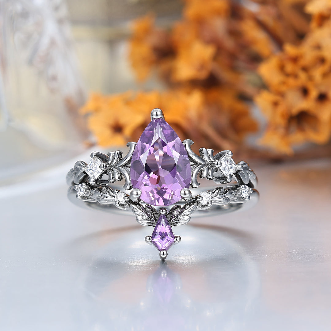 Filigreed Purple Amethyst His And Hers Ring Set Nature Inspired Amethyst Couple Rings