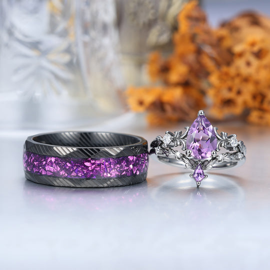 Filigreed Purple Amethyst His And Hers Ring Set Nature Inspired Amethyst Couple Rings