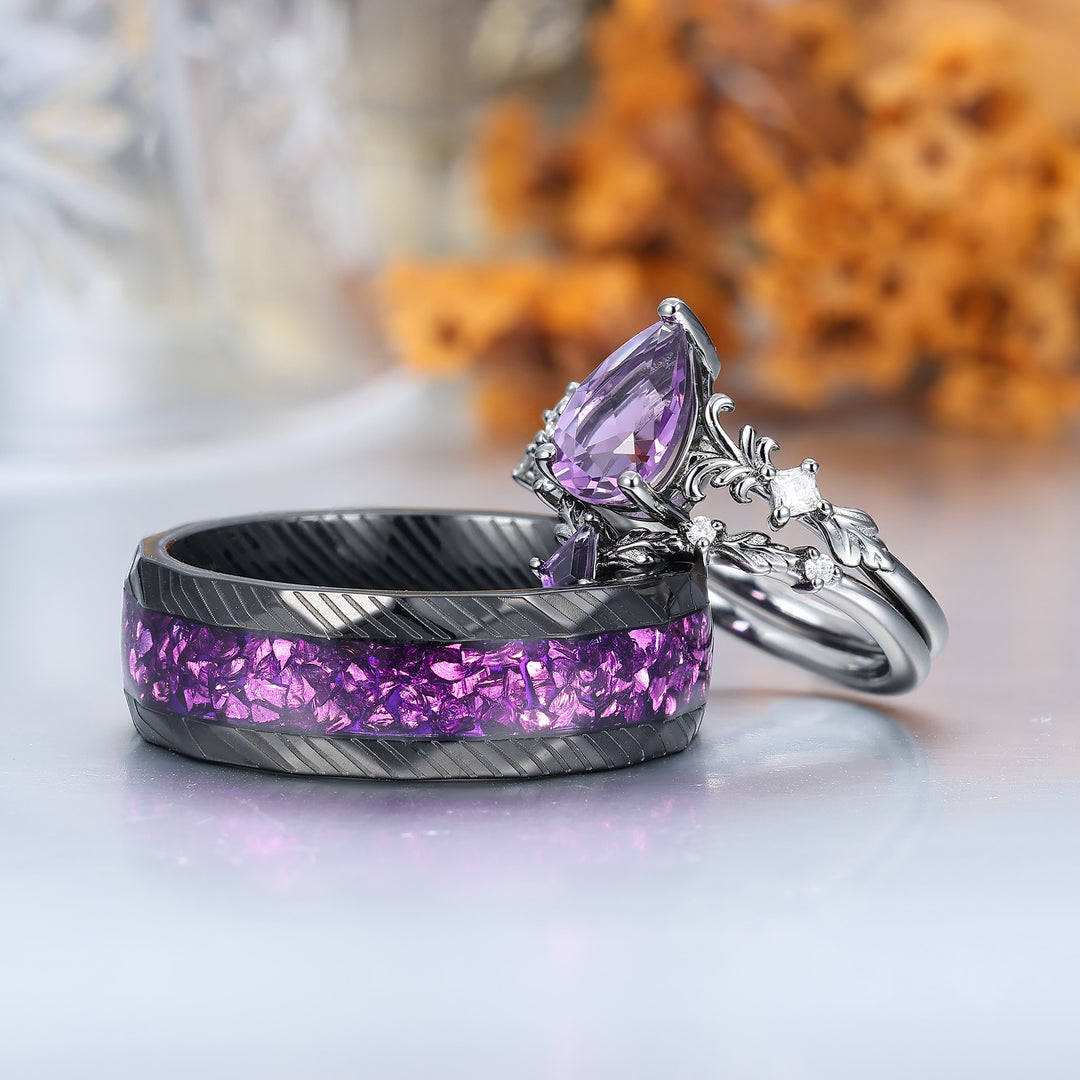 Filigreed Purple Amethyst His And Hers Ring Set Nature Inspired Amethyst Couple Rings