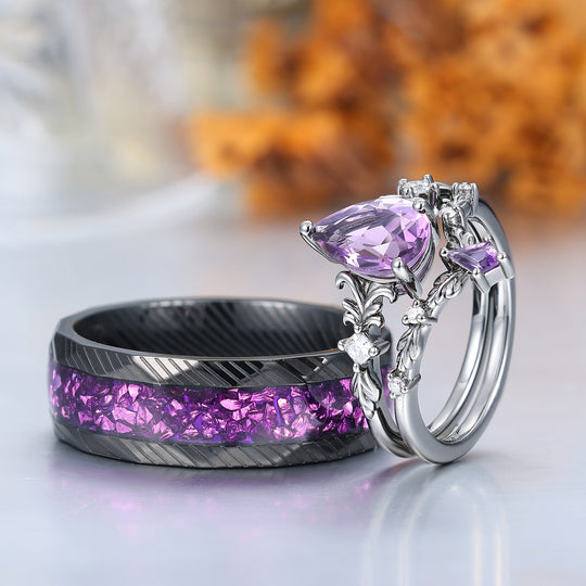 Filigreed Purple Amethyst His And Hers Ring Set Nature Inspired Amethyst Couple Rings